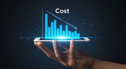 Emerging hand displaying azure cost graph on sleek mobile screen glowing bright against a moody dark backdrop a tech