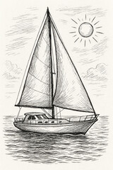 A vintage sketch of a sailboat sailing on the open sea under the sun