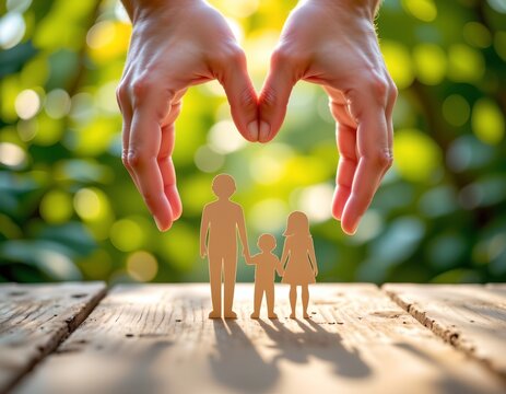the image features a pair of hands shielding a cutout of a family standing on a wooden surface, the hands are positioned above the cutout, forming a protective arch