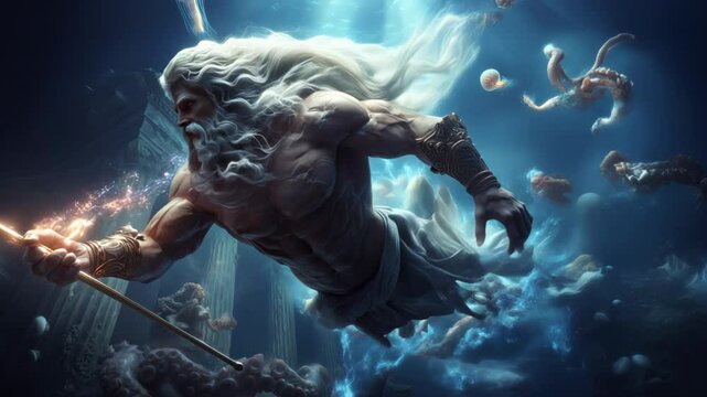 Poseidon emerges from the depths, commanding the sea with his trident surrounded by jellyfish and ancient ruins	