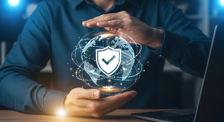 Luminescent digital globe with a bold checkmark shield embraced by hands representing digital security and protection in