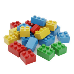 Obraz premium Scattered individual plastic interlocking toy building blocks in vibrant red, yellow, light blue, dark blue, and green, with reflective texture on a transparent background, top-down view, concept