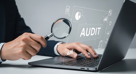 Focused auditor meticulously examines data charts on a sleek laptop magnifying insights amidst a cascade of digital