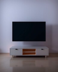 Fototapeta premium Televison screen and modern media console, minimalist aesthetic home design
