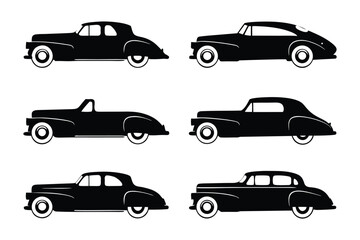 Classic Car silhouettes: A collection of sleek, vintage automobiles in elegant black and white silhouettes, capturing the timeless appeal of iconic car design.