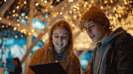 Obraz premium Young couple enjoying time together looking at a tablet under festive lights in a cozy outdoor setting