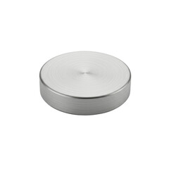 A single, perfectly rendered circular button made of pristine brushed metal with a delicate intrinsic gradient and soft inherent shadow, isolated on an immaculate transparent background, showcasing