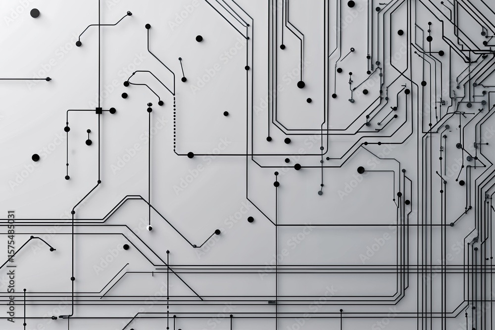 Poster minimalist abstract circuit artwork with interconnected lines and dots in modern technology style