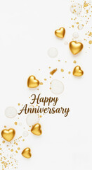 Golden hearts and confetti celebrate a happy anniversary on white