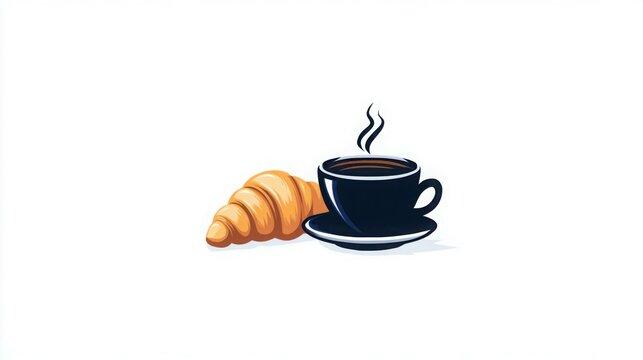 A black coffee cup with steam coming out of it sits on a white plate with a croi