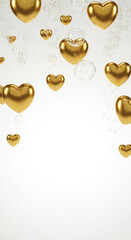 Golden hearts and bubbles create a romantic atmosphere on white