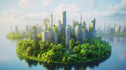 Fototapeta premium A miniature planet with a lush green landscape, a winding river, and rocky outcrops symbolizes harmony, sustainability, and interconnectedness, representing balance between nature, life, and modern pr