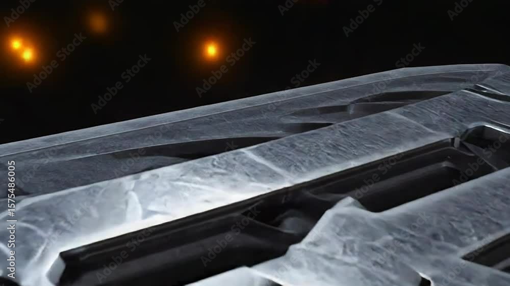 Poster mysterious black metallic block with intricate engravings on dark background