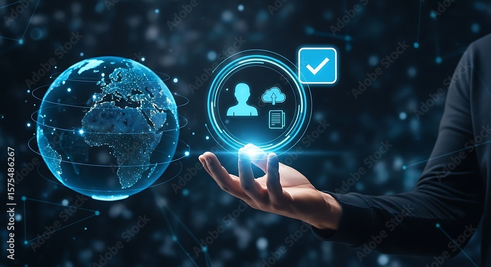 Poster glistening globe hovers above an open palm digital icons glow creating a luminous web against a dark