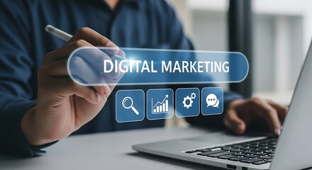Focused hand hovers stylus over Digital Marketing on a glowing interface laptop gleaming evoking modern business