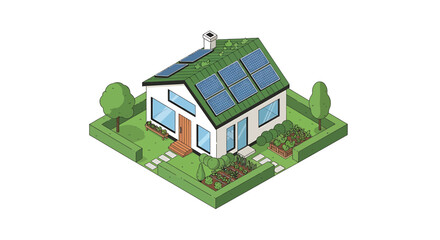 Isometric illustration of a house with solar panels on the roof, surrounded by a garden and trees.