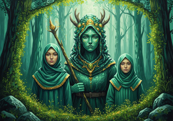 A forest goddess stands with her followers in the enchanted woods