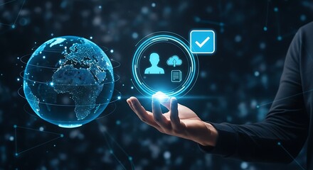Glistening globe hovers above an open palm digital icons glow creating a luminous web against a dark speckled connected