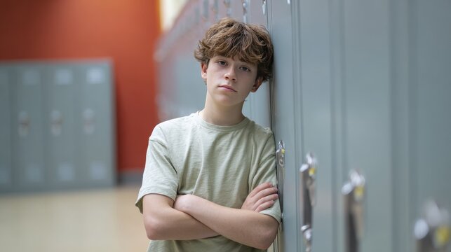 Pensive boy leaning against school lockers in hallway