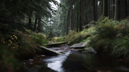 Photo of a small stream in a forest, with dark green vegetation and pine trees.