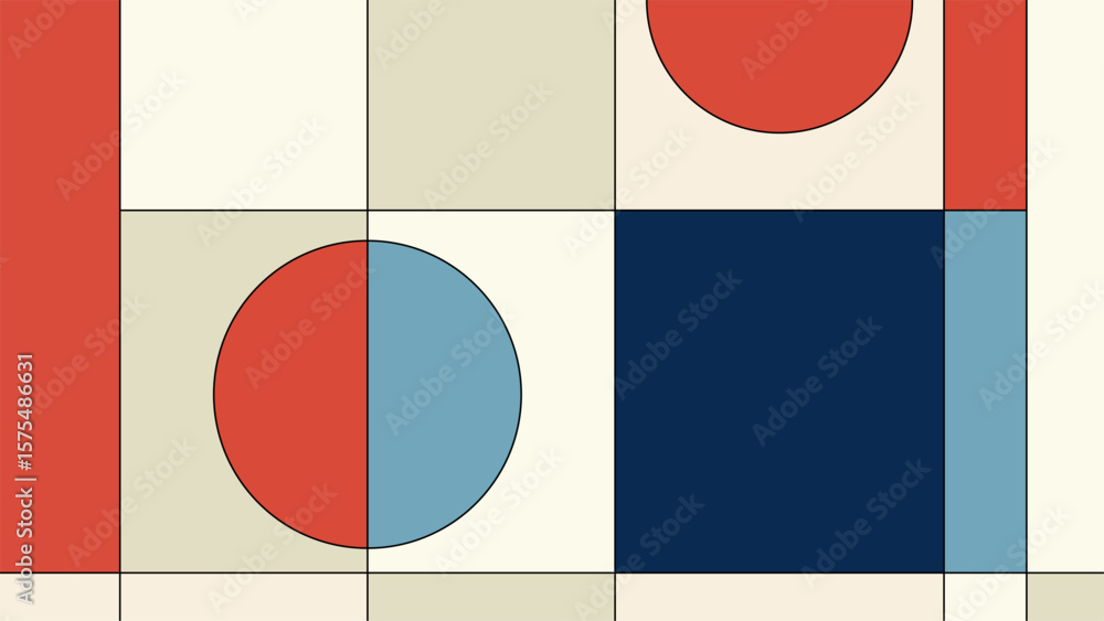 Poster abstract geometric background design with clean minimal shapes in red orange blue beige colors featu