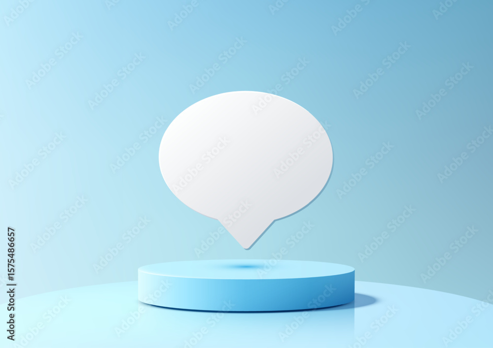 Poster 3d light blue podium with floating speech bubble for product display and minimal mockup scene design