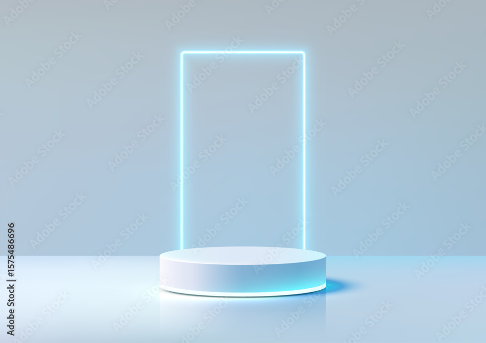 Poster futuristic podium mockup with neon blue light and 3d cylinder for product display in modern minimal 