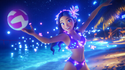 Obraz premium Beachside Nighttime Joy with Sparkling Lights and Volleyball Play