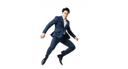 Fototapeta premium A young businessman in a navy suit jumping confidently against a white background.