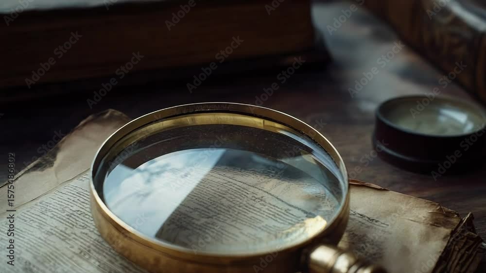 Poster magnifying glass exploring ancient text in historical research setting