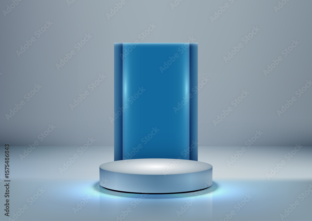 Poster technology mockup with 3d light blue podium on grey background featuring glowing cylinder and vertic