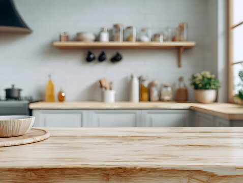 in the foreground, an empty light smooth wooden kitchen surface, in the background, a light minimalist modern kitchen, in the photo style, the concept of a professional food photo shoot