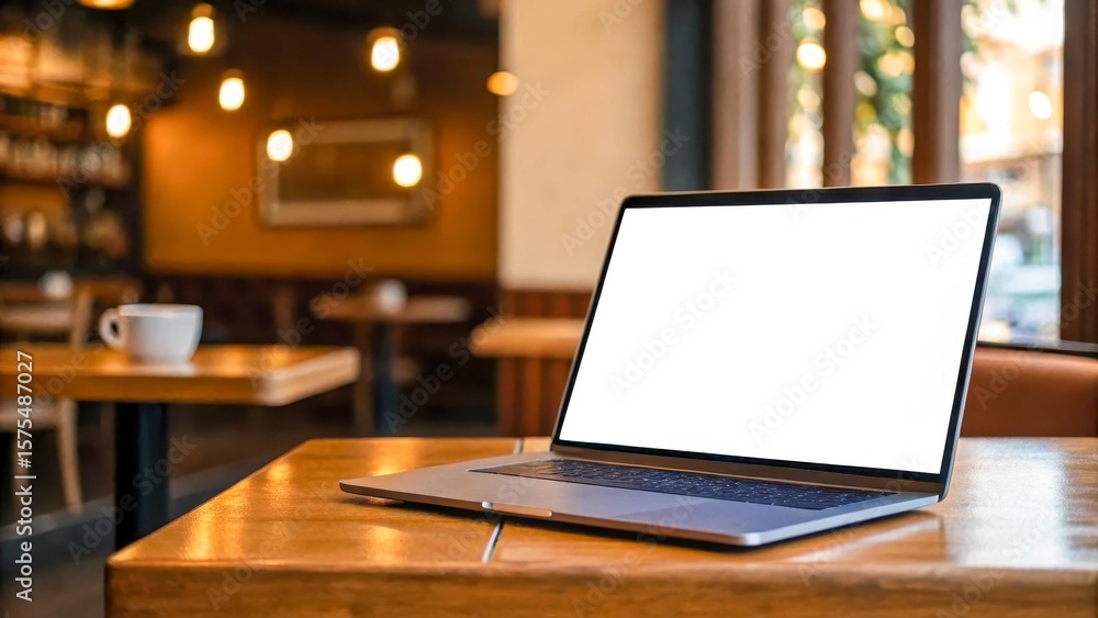 Fototapete a modern laptop with a blank white screen stands on a wooden table in a cafe. ideal for presenting a