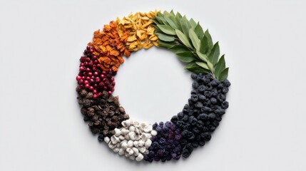 Obraz premium A colorful circle of food items, including berries, nuts, and leaves