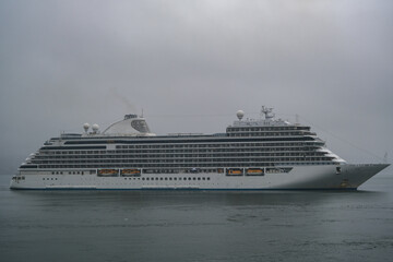 Ultra luxury all inclusive yacht cruiseship cruise ship liner Explorer arrival into Vancouver,...