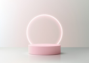 pastel pink podium with glowing neon ring for product display mockup minimal background modern composition isolated 3d render clean gradient showroom design