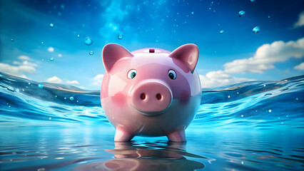 Piggy Bank in Ocean Waters Under Clear Blue Sky – Surreal Savings