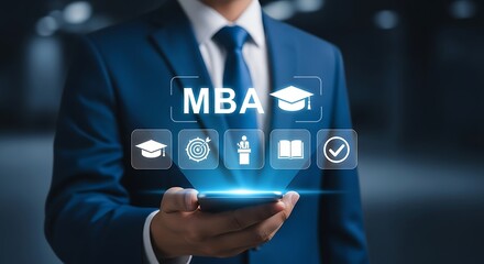 Gleaming MBA interface on phone held by a dapper man in blue suit an aura of success leadership and knowledge under soft