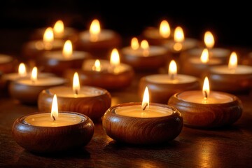 Lit candles in wooden holders arranged on a dark reflective surface illuminating the scene