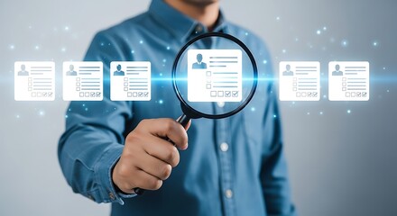 Person examines white virtual resumes with a magnifying glass a blue shirt with glowing ethereal light and light gray
