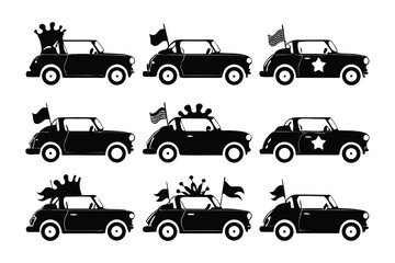 Fototapeta premium Vintage Car Silhouettes Collection: An array of classic car silhouettes, meticulously adorned with flags and crowns, offers a glimpse into a world of nostalgia and celebratory spirit.