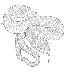 Obraz premium An intricate snake drawing highlights detailed scales on a white background. The coiled reptile is depicted with fine linework, suitable for wildlife illustration and educational purposes