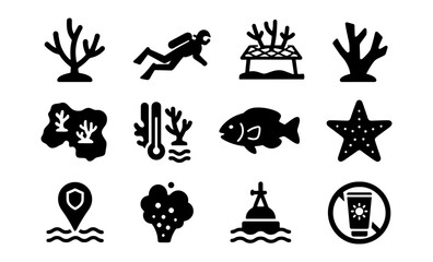Obraz premium Silhouette icons of marine conservation and coral reef restoration