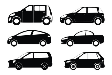 Fototapeta premium Vehicle silhouettes: a collection of black and white vehicles, representing transportation and the automotive industry. Showing cars, vans, and hatchbacks from a side profile.