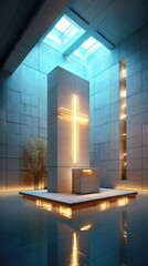 Illuminated Cross Sculpture in a Modern Concrete Interior with Reflective Water and Golden Light