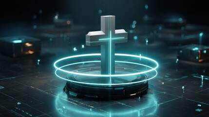 Illuminated Digital Cross Floating Above Circuit Board Representing Faith In Modern Technology