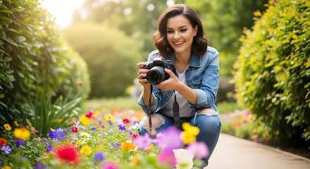 Smiling woman photographing colorful flowers in a sunny garden, enjoying nature's beauty.