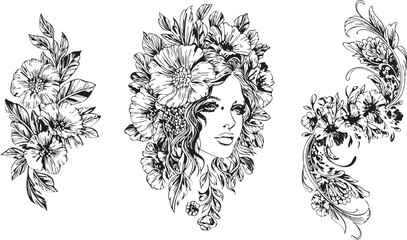 Black and White Floral Illustrations Woman with Flowers, Floral Arrangement, and Ornate Floral Corner
