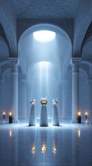 Three Abstract Figures in White Robes Illuminated Inside a Columned Hall with Glowing Light Beams and Candles
