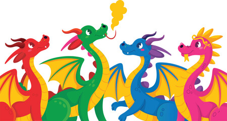 Cartoon Dragons Illustration Colorful Dragons with Wings, Smoke, and Various Expressions on a White Background